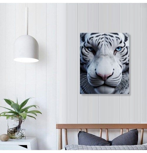 QKZF White Wall Art Wild Animal Portrait Picture Wall Decor Blue Eyed Tiger Prints on Canvas Posters Modern Home Decor for Living Room Kids Room Stretched and Framed Artwork