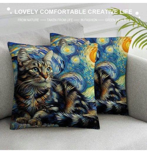 PHYHOO Abstract Cat Throw pillow Cover Funny Cat Throw pillowcase for Couch Sofa Bed Bedroom Car Living Decor Van Gogh Art