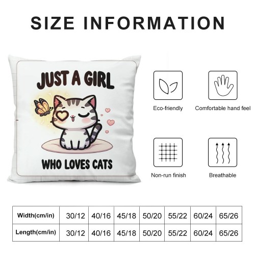 PHYHOO Just a Girl Who Loves Cats Throw pillow Covers Cats Lover Gift，Funny Cat pillowcases, Cat Mom Gifts for Women, Gifts Cat Lady