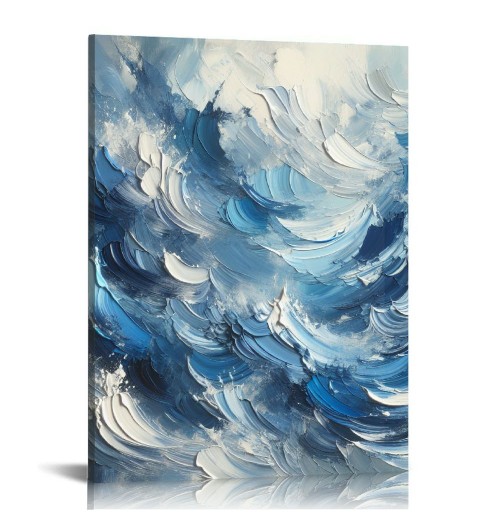 QKZF Canvas Wall Art,Blue Waves Print Canvas Painting for Bedroom Living Room Kitchen Bathroom Corridor Dining Room Hotel Decor