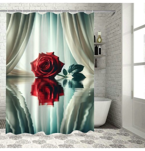 Shangniulu Water Red Rose Shower Curtain, Modern Printed Bathroom Decoration, Waterproof Fabric Rose Shower Curtain With Hooks