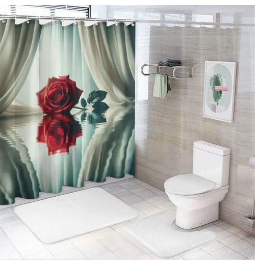 Shangniulu Water Red Rose Shower Curtain, Modern Printed Bathroom Decoration, Waterproof Fabric Rose Shower Curtain With Hooks