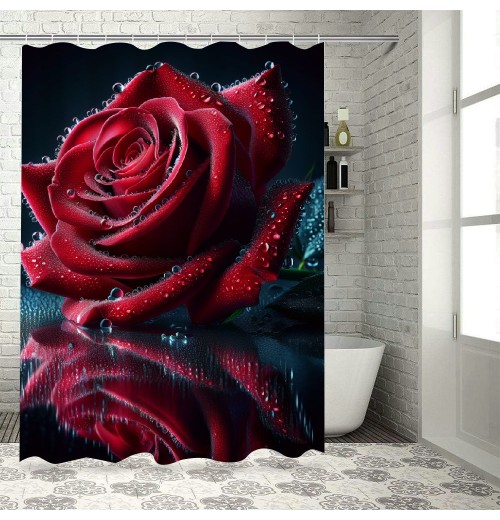 Shangniulu Modern Style Printed Shower Curtain, Bright Red Rose Bathroom Decorative Shower Curtain, Modern Tarp Shower Curtain With Hooks