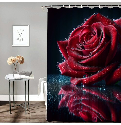 Shangniulu Modern Style Printed Shower Curtain, Bright Red Rose Bathroom Decorative Shower Curtain, Modern Tarp Shower Curtain With Hooks