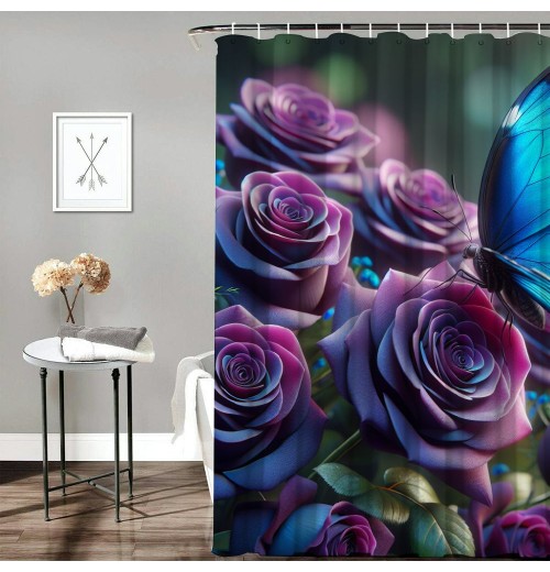 Shangniulu Butterfly Shower Curtains for Bathroom, Romantic Flower Shower Curtains Set for Bathroom Decor