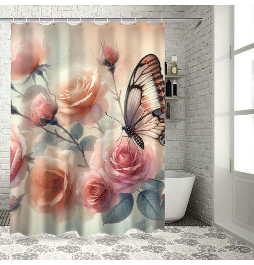 Shangniulu Modern Style Printed Shower Curtain, Butterfly Shower Curtains for Bathroom, Romantic Flower Bathroom Decor Shower Curtains