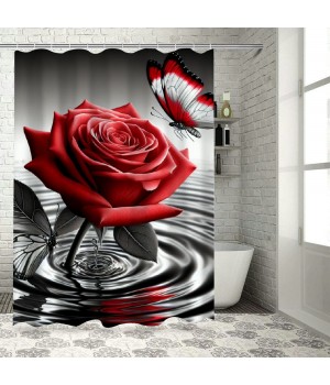 Shangniulu Printed Shower Curtain, Water Red Rose Butterfly Bathroom Shower Curtain, Modern Shower Curtain With Hooks