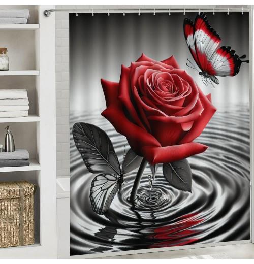 Shangniulu Printed Shower Curtain, Water Red Rose Butterfly Bathroom Shower Curtain, Modern Shower Curtain With Hooks