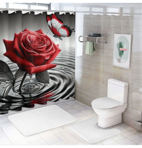 Shangniulu Printed Shower Curtain, Water Red Rose Butterfly Bathroom Shower Curtain, Modern Shower Curtain With Hooks