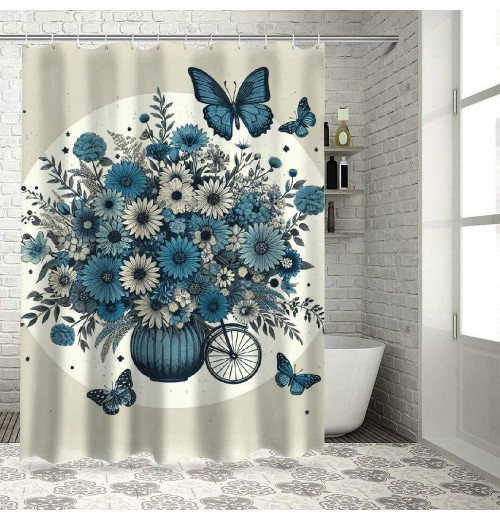 Shangniulu Shower Curtain for Bathroom with Hooks,Without Odor Polyester Fiber Material,Butterflies and Flowers Bathroom Decorative Shower Curtains Water Repellent Washable