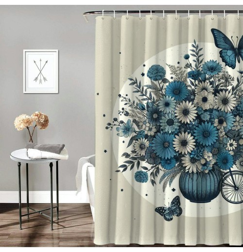 Shangniulu Shower Curtain for Bathroom with Hooks,Without Odor Polyester Fiber Material,Butterflies and Flowers Bathroom Decorative Shower Curtains Water Repellent Washable