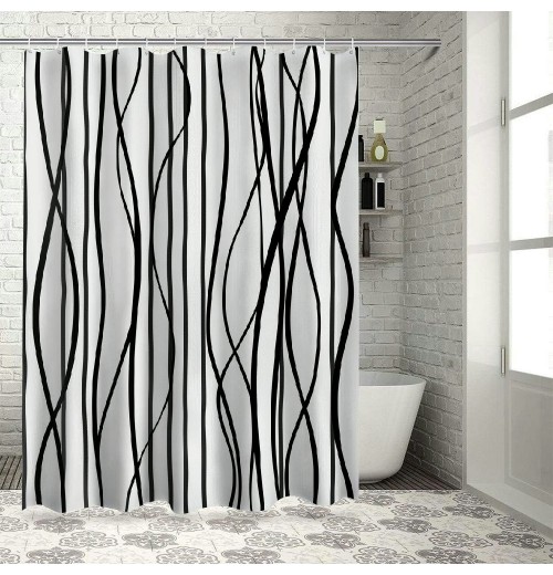 Shangniulu Black and White Striped Wavy Line Fabric Shower Curtain for Bathroom, Weighted Hem,Waterproof Bath Accessories Hotel Style