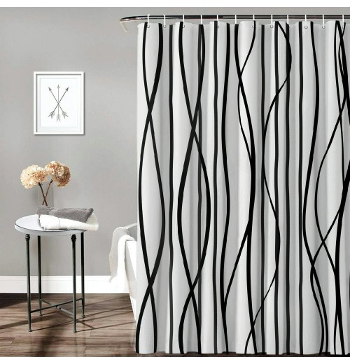 Shangniulu Black and White Striped Wavy Line Fabric Shower Curtain for Bathroom, Weighted Hem,Waterproof Bath Accessories Hotel Style