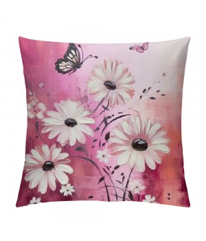 PHYHOO Girly Pink Daisy Throw pillow Cover,Retro Hand Draw Graffiti Cushion Cover for Car Camper Office,Farmhouse Style Botanical pillowcase Outdoor pillow Cover Single Pack