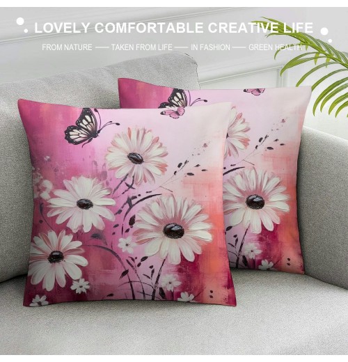 PHYHOO Girly Pink Daisy Throw pillow Cover,Retro Hand Draw Graffiti Cushion Cover for Car Camper Office,Farmhouse Style Botanical pillowcase Outdoor pillow Cover Single Pack