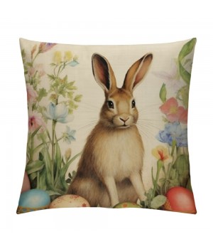 PHYHOO Easter Rabbit pillow Covers Farmhouse Retro Easter Rabbit Bunny Violet Floral pillow Cases Throw Cushion Cover for Home Sofa Office