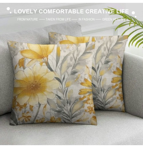 PHYHOO Linen Throw pillow Covers Light Yellow and Gray Floral Pattern Spun Decorative pillowcases 18X18 Inch Farmhouse Rustic Outdoor pillow Cover Square Cushion Cases for Sofa Couch Home