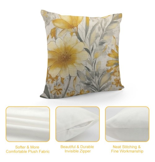 PHYHOO Linen Throw pillow Covers Light Yellow and Gray Floral Pattern Spun Decorative pillowcases 18X18 Inch Farmhouse Rustic Outdoor pillow Cover Square Cushion Cases for Sofa Couch Home