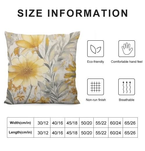 PHYHOO Linen Throw pillow Covers Light Yellow and Gray Floral Pattern Spun Decorative pillowcases 18X18 Inch Farmhouse Rustic Outdoor pillow Cover Square Cushion Cases for Sofa Couch Home