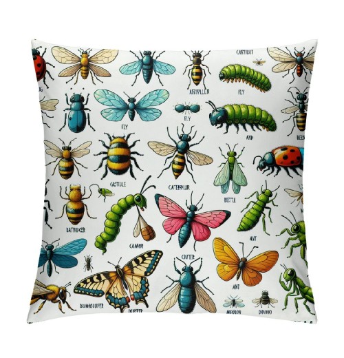 PHYHOO Short Plush pillow Covers,Cartoon Insects Double-Sided Print Square Cushion Cases for Sofa Bedroom Car Decorative