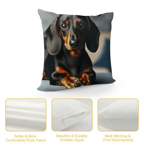 PHYHOO Short Plush pillow Covers,Black Long-Haired Dachshund Dog Double-Sided Print Square Cushion Cases for Sofa Bedroom Car Decorative