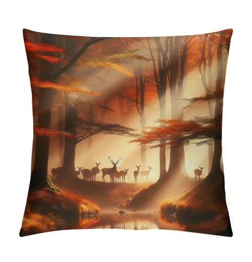 PHYHOO Short Plush pillow Covers Deers Stream in Forest Painting Square pillow Case for Bedroom, Sofa, Car Decoration Both Sides