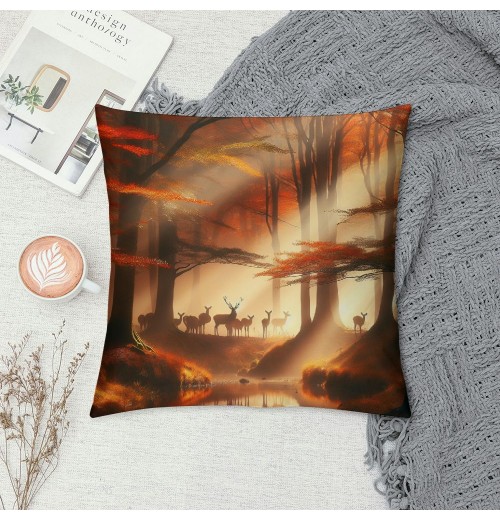 PHYHOO Short Plush pillow Covers Deers Stream in Forest Painting Square pillow Case for Bedroom, Sofa, Car Decoration Both Sides